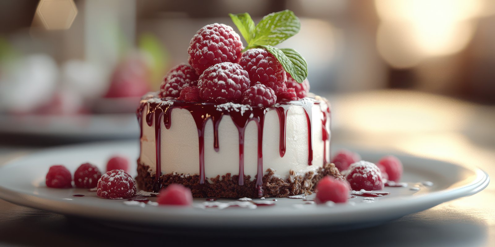 Delicious raspberry dessert features creamy white layer with chocolate drizzle and fresh berries on a plate in a cozy setting
